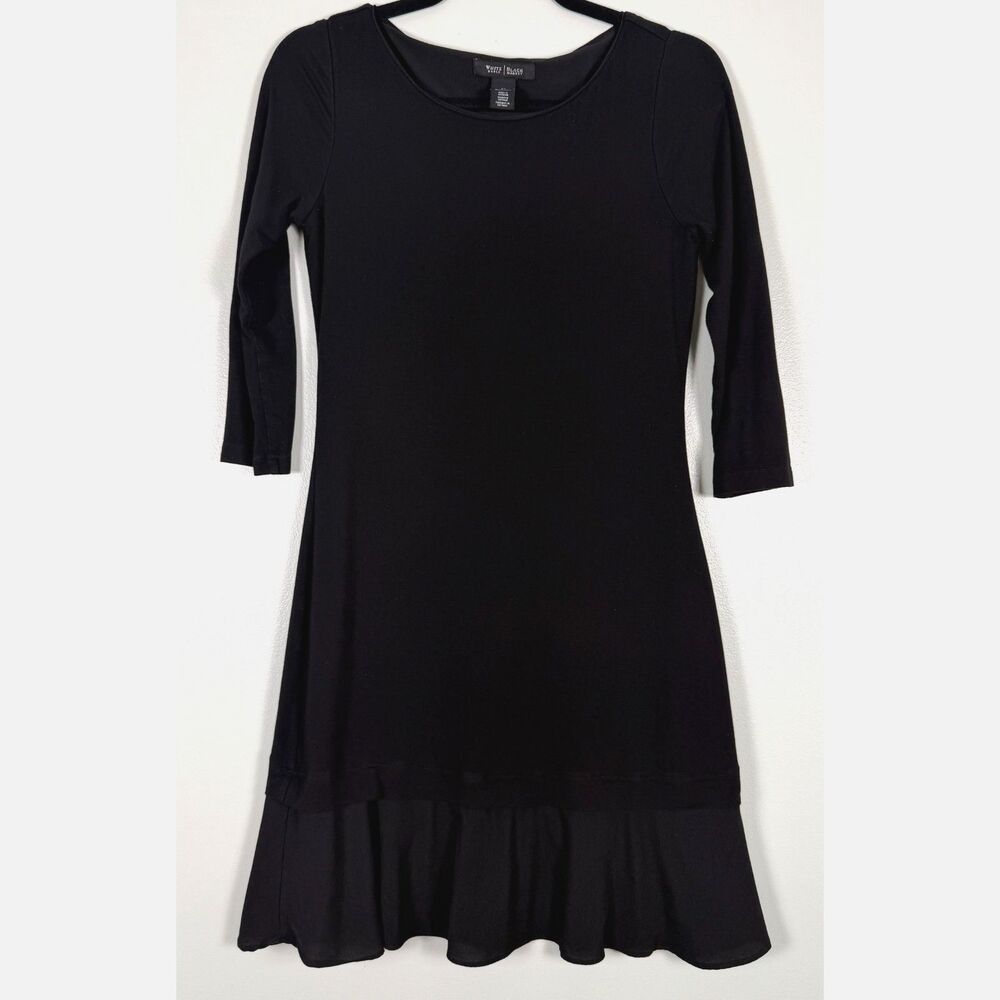 WHBM Black Dress XS Ruffle Hem 3/4 Sleeve Stretch Career Classic